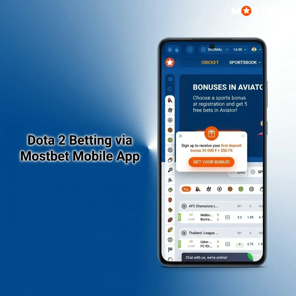 Mostbet mobile app interface showing Dota 2 esports betting section with live odds on Android and iOS devices