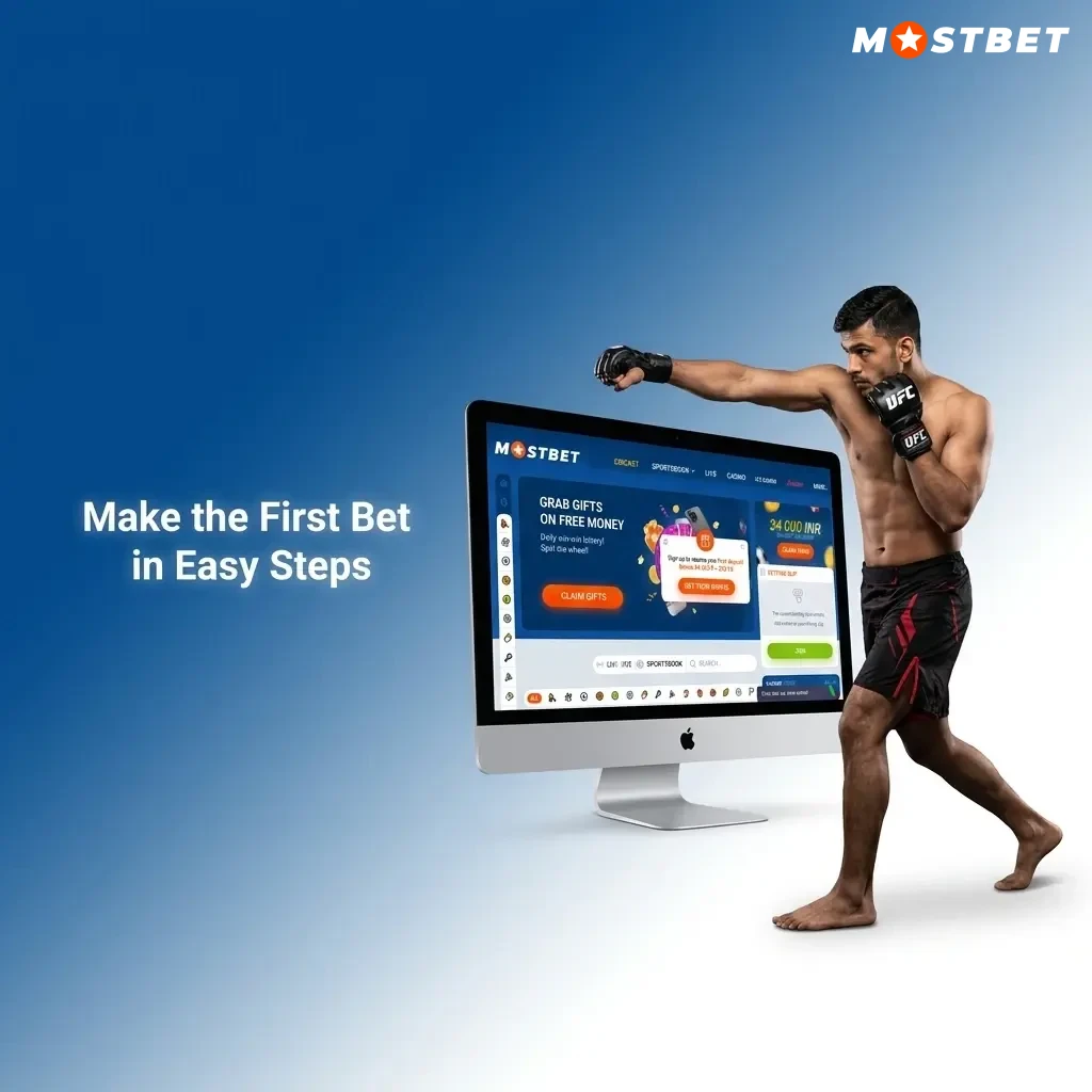 Mostbet first bet guide showing registration, deposit, sport selection, and bet placement steps for beginners