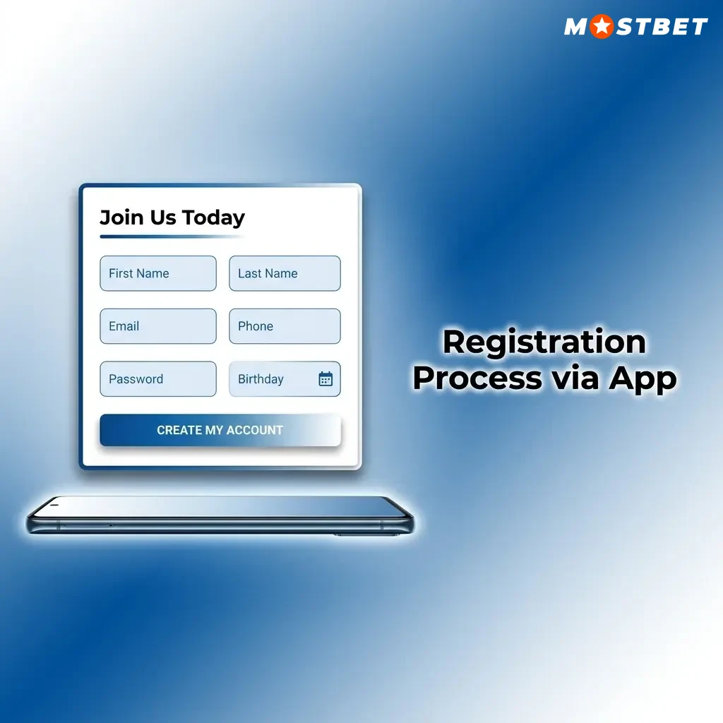 Mostbet app registration process showing step-by-step account creation with phone, email or social media options
