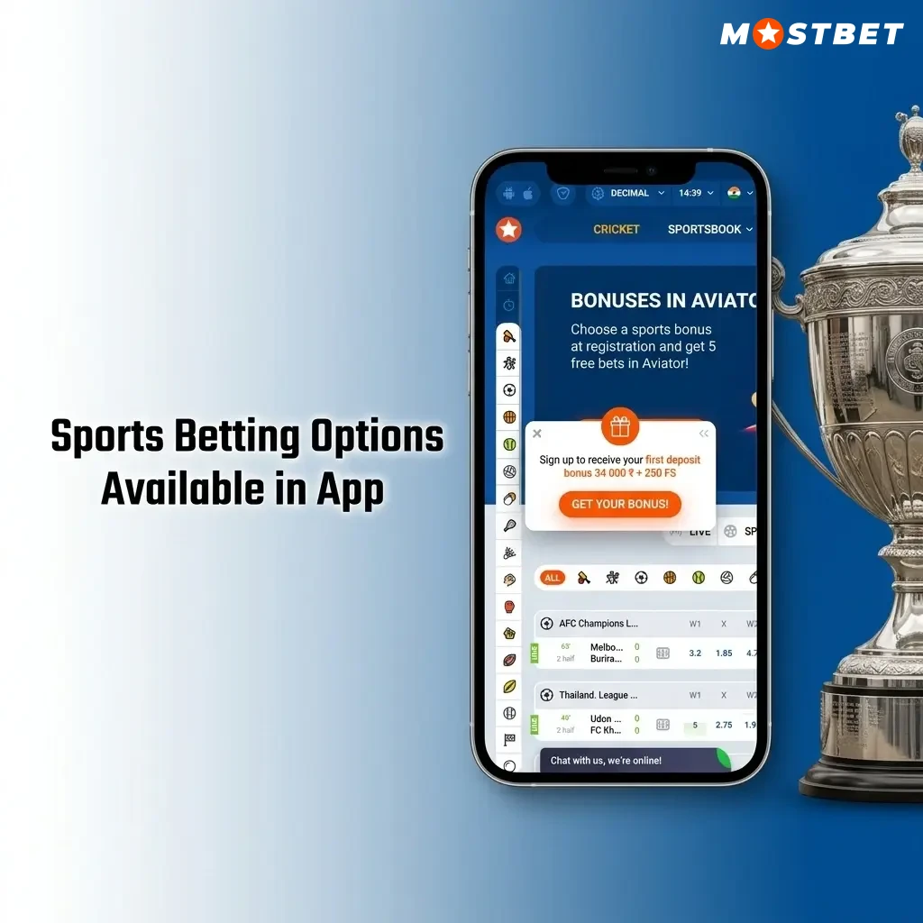 Mostbet sports betting options including cricket, football, kabaddi, tennis, basketball, esports and more in India