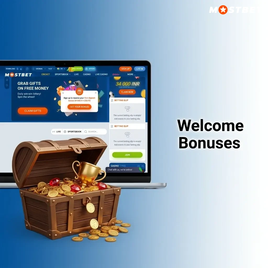 Welcome bonus offer for Indian players showing 125% up to ₹34,000 plus 250 free spins on first deposit