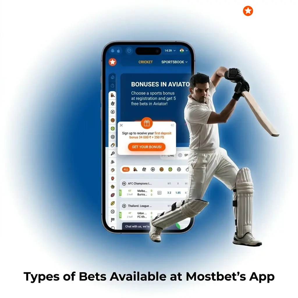 Types of bets on Mostbet app including single, accumulator, system, chain, and live in-play betting options